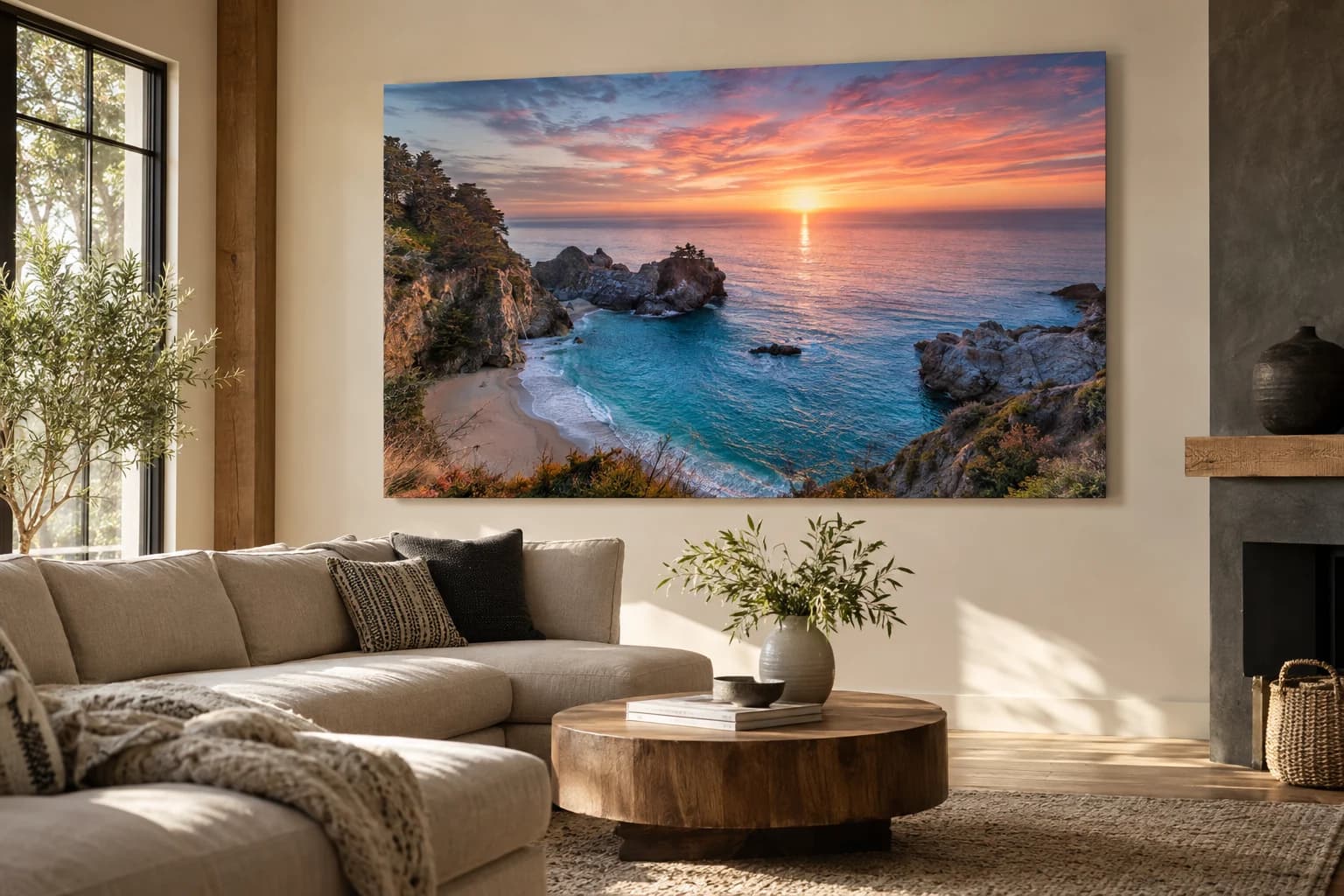 Concept image of a large metal landscape photograph displayed in a contemporary living room